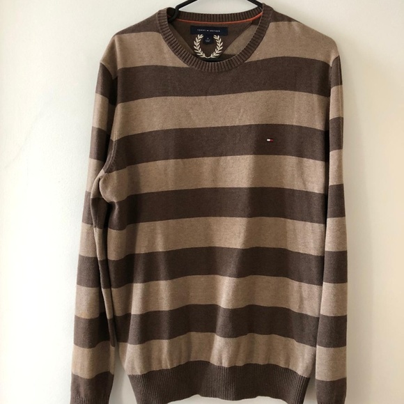 Tommy Hilfiger Sweater Crew Neck Brown Stripes - Picture 1 of 2